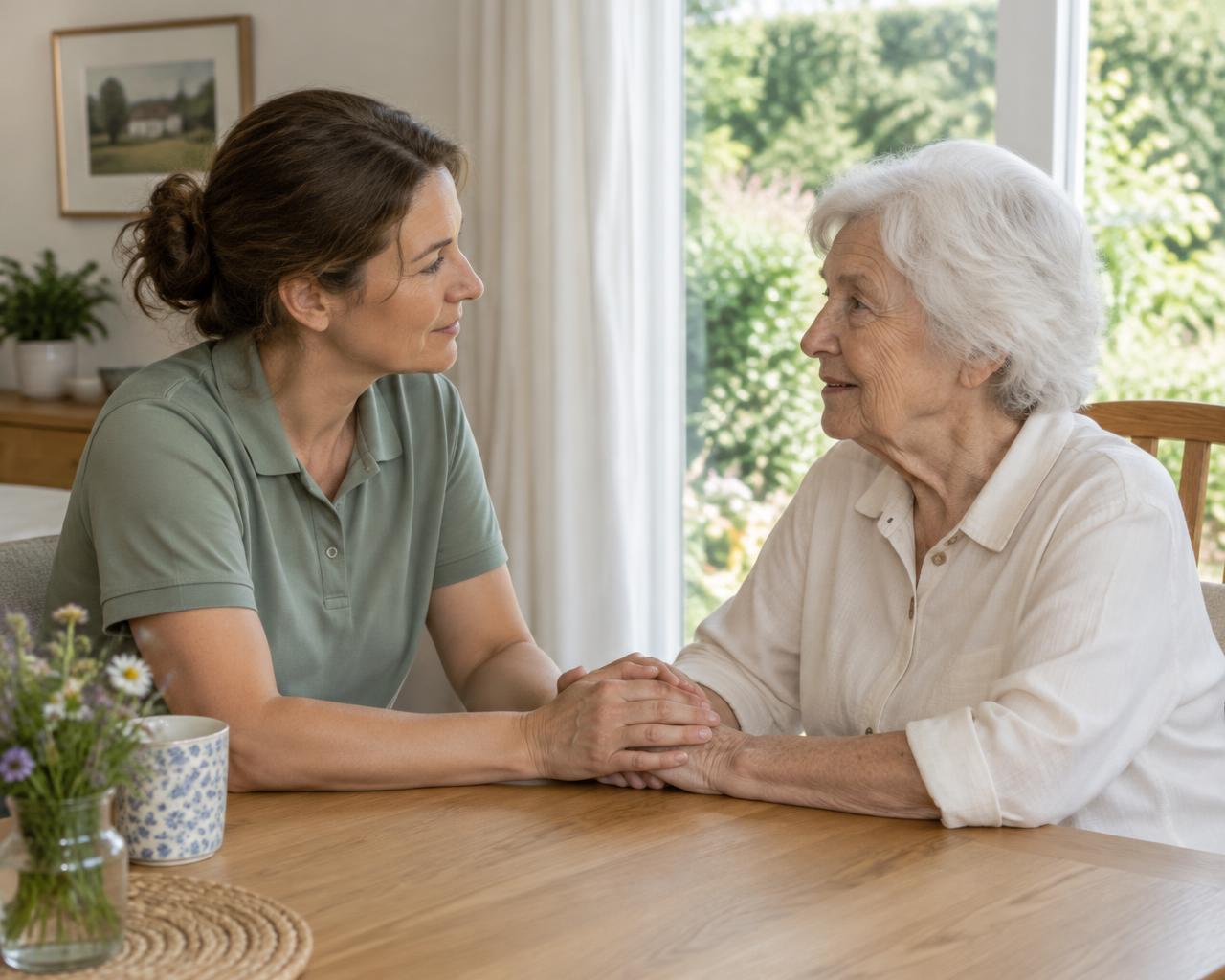 Eine Pflegekraft hört einer älteren Frau im persönlichen Gespräch zu
